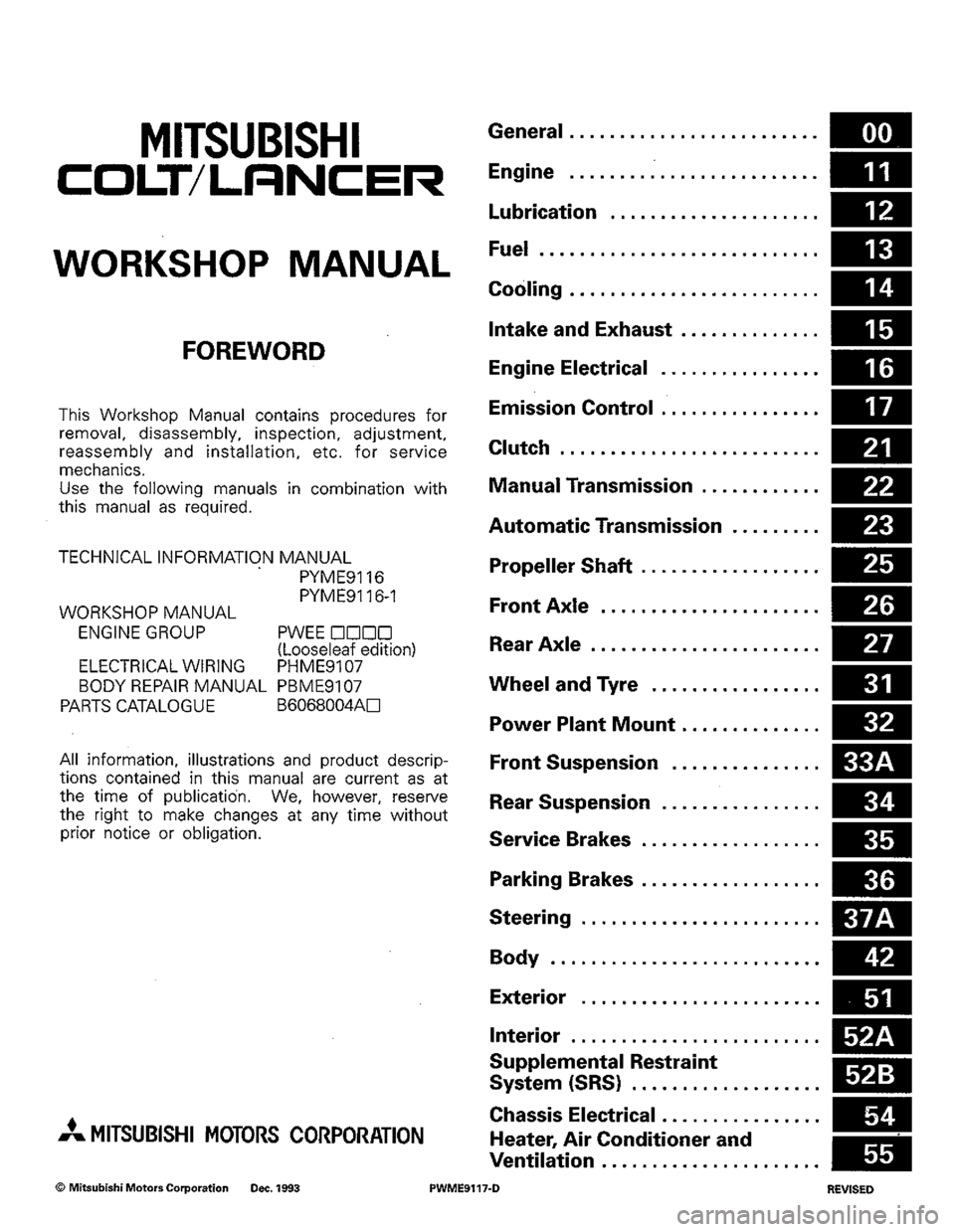 MITSUBISHI COLT 1992  Workshop Manual 