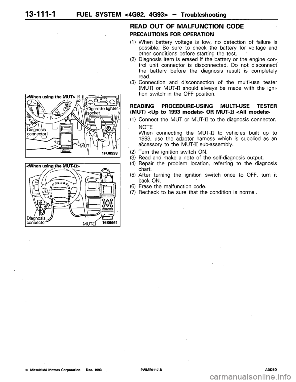 MITSUBISHI COLT 1992  Workshop Manual 