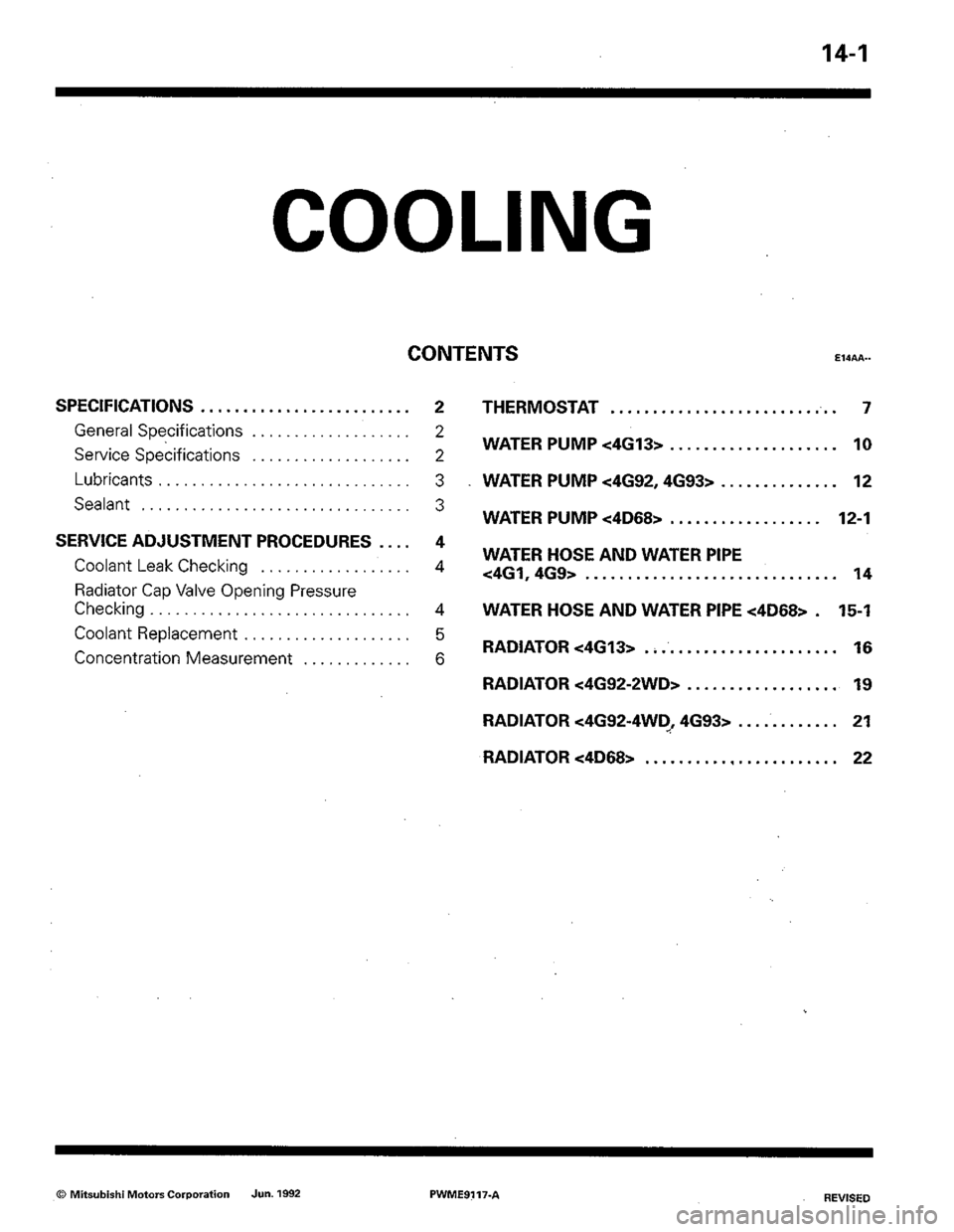 MITSUBISHI COLT 1992  Workshop Manual 