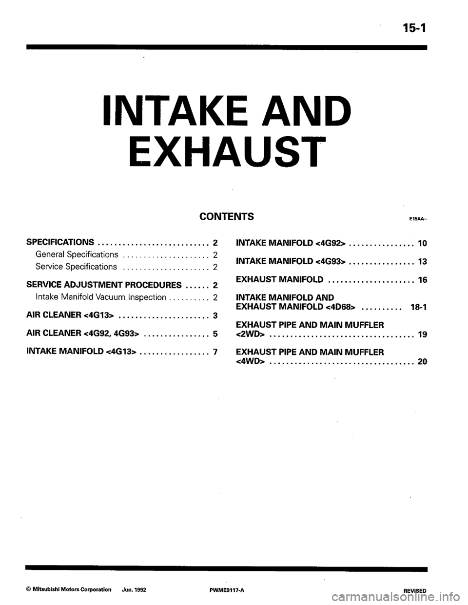 MITSUBISHI COLT 1992  Workshop Manual 