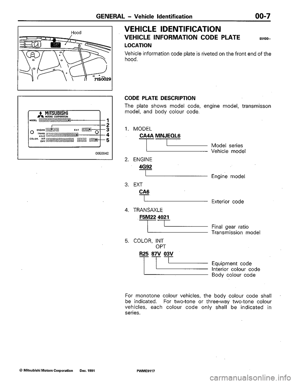 MITSUBISHI COLT 1992  Workshop Manual 