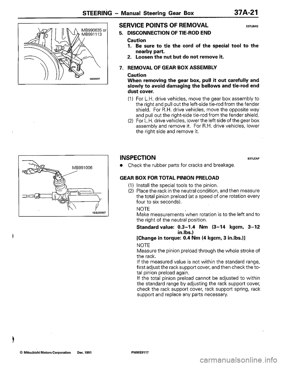 MITSUBISHI COLT 1992  Workshop Manual 