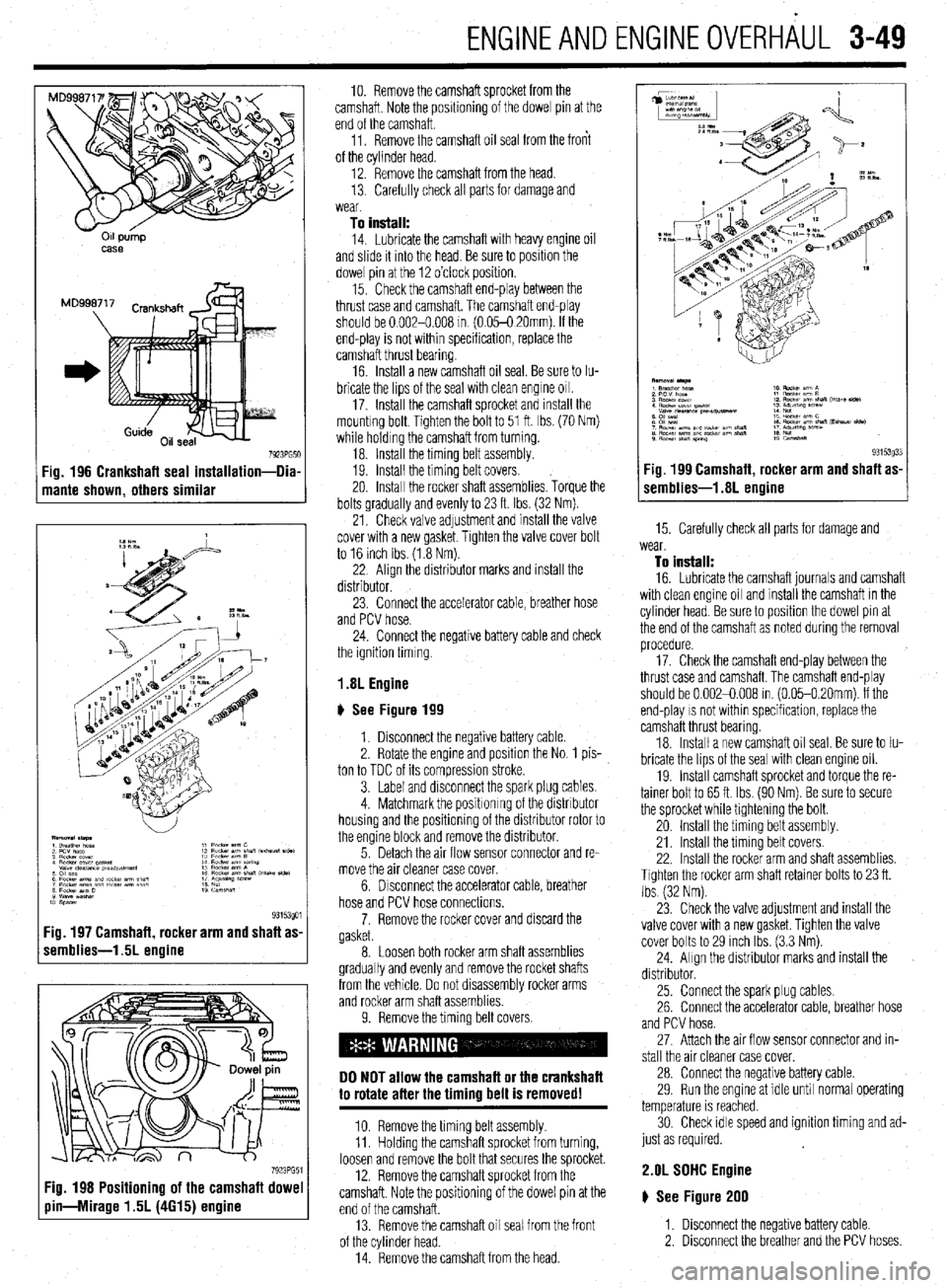 MITSUBISHI DIAMANTE 1900  Repair Manual ENGINEANDENGINEOVERHAUL 3-49 
011 pump 
MS8 
7923PG51 Fig. 196 Crankshaft seal installation-Dia 
mante shown, others similar 
:ig. 197 Camshaft, rocker arm and shaft as 
remblies-1.5L engine 
7923PG5 