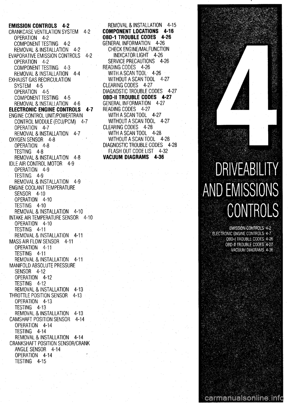 MITSUBISHI DIAMANTE 1900  Repair Manual EMISSION CONTROLS 4-2 
CRANKCASEVENTILATIONSYSTEM 4-2 
OPERATION 4-2 
COMPONENTTESTING 4-2 
REMOVAL &INSTALLATION 4-2 
EVAPORATIVEEMISSIONCONTROLS 4-2 
OPERATION 4-2 
COMPONENTTESTING 4-3 
REMOVAL&INS