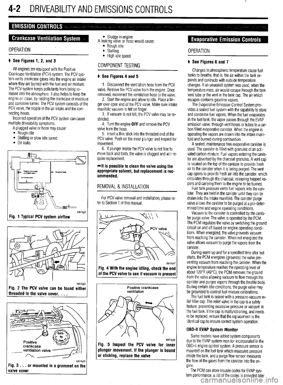 MITSUBISHI DIAMANTE 1900  Repair Manual 4-2 DRIVEABILITYAND EMISSIONS CONTROLS 
OPERATION 
p See Figures 1, 2, and 3 
All engines are equipped with the Positive 
Crankcase Venhlation (PCV) system. The PCV sys- 
tem vents crankcase gases int