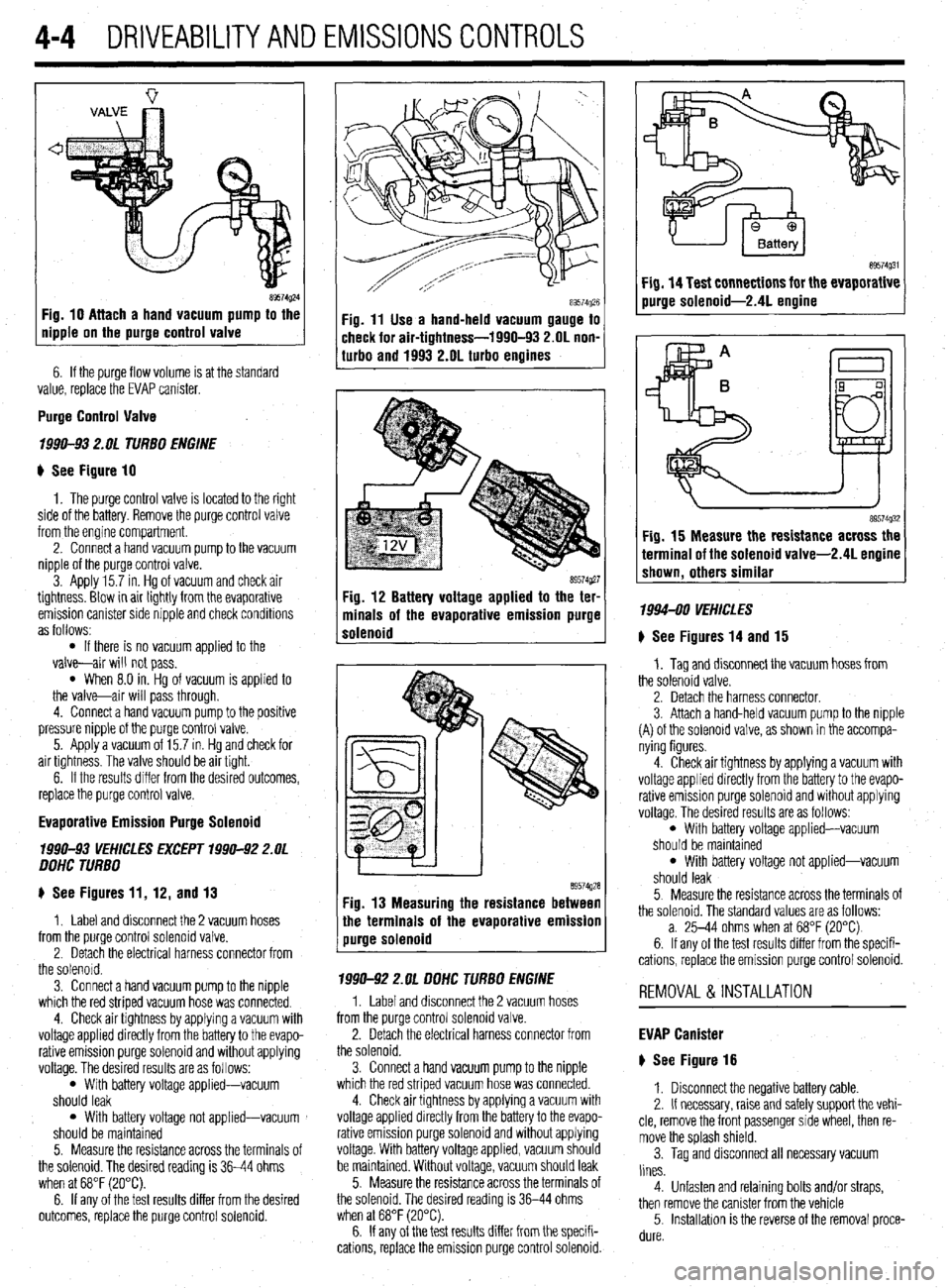 MITSUBISHI DIAMANTE 1900  Repair Manual 4-4 DRIVEABILITYAND EMISSIONS CONTROLS 
Fig. 10 Attach a hand vacuum pump to the 
Ripple on the purge control valve 
6. If the purge flow volume is at the standard 
value, replace the EVAP canister. 
