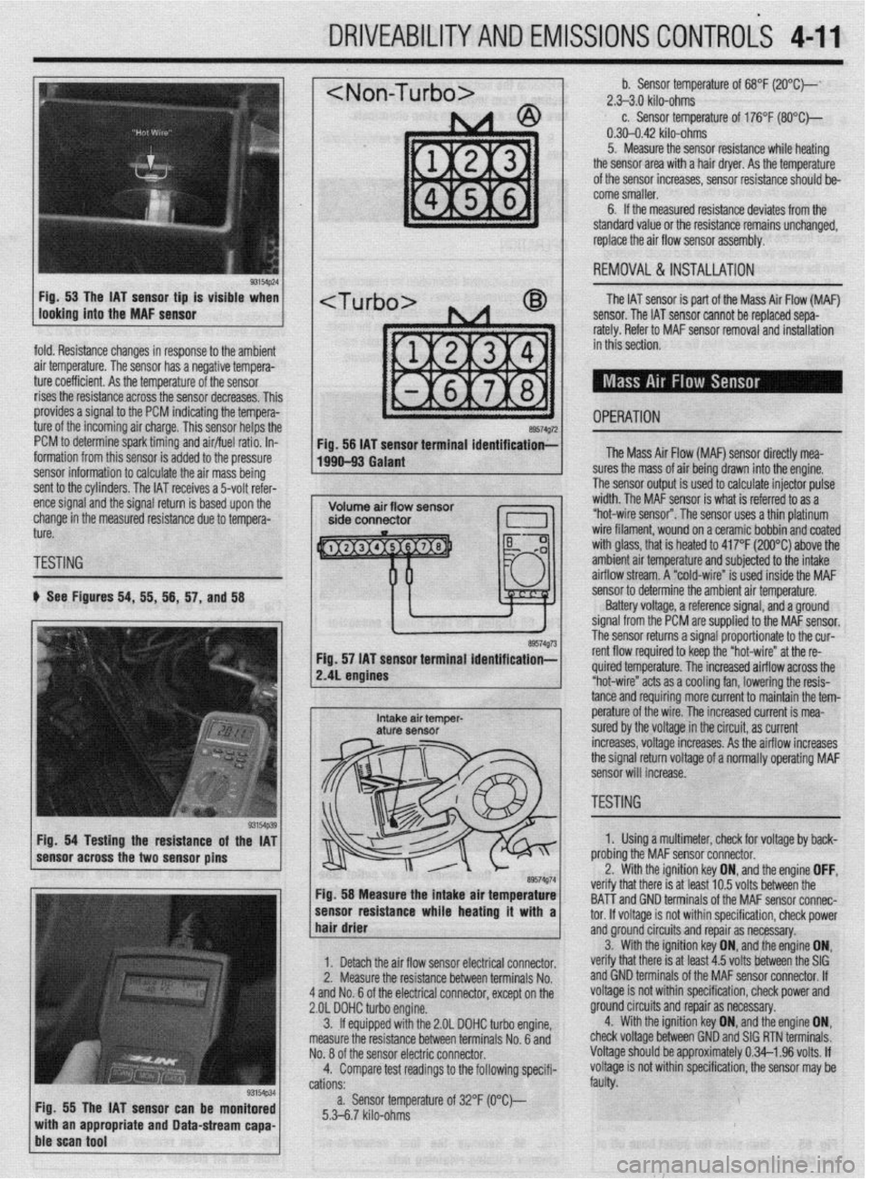 MITSUBISHI DIAMANTE 1900 Repair Manual DRIVEABILITYAND EMISSIONS CONTROLi 4-11
fold. Resistance changes in response to the ambient
air temperature. The sensor has a negative tempera-
ture coefficient. As the temperature of the sensor
r MITSUBISHI DIAMANTE 1900 Repair Manual DRIVEABILITYAND EMISSIONS CONTROLi 4-11
fold. Resistance changes in response to the ambient
air temperature. The sensor has a negative tempera-
ture coefficient. As the temperature of the sensor
r