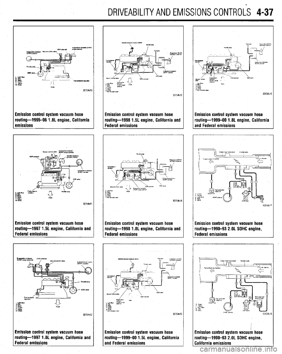 MITSUBISHI DIAMANTE 1900 Repair Manual DRIVEABILITYAND EMISSIONS CONTROLi 4-37
,i
Ii *ul--
hm
93154VlO
Emission control system vacuum hose
routing-1995-96 1.8L engine, California
emissions
93154Vll
Emission control system vacuum h MITSUBISHI DIAMANTE 1900 Repair Manual DRIVEABILITYAND EMISSIONS CONTROLi 4-37
,i
Ii *ul--
hm
93154VlO
Emission control system vacuum hose
routing-1995-96 1.8L engine, California
emissions
93154Vll
Emission control system vacuum h