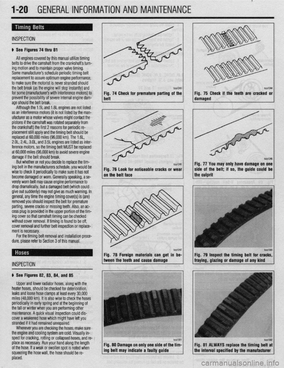 MITSUBISHI DIAMANTE 1900 User Guide .
l-20 GENERALINFORMATIONAND MAINTENANCE
INSPECTION
# See Figures 74 thru 81
All engines covered by this manual utilize timing
belts to drive the camshaft from the crankshafts turn-
ing motion a MITSUBISHI DIAMANTE 1900 User Guide .
l-20 GENERALINFORMATIONAND MAINTENANCE
INSPECTION
# See Figures 74 thru 81
All engines covered by this manual utilize timing
belts to drive the camshaft from the crankshafts turn-
ing motion a