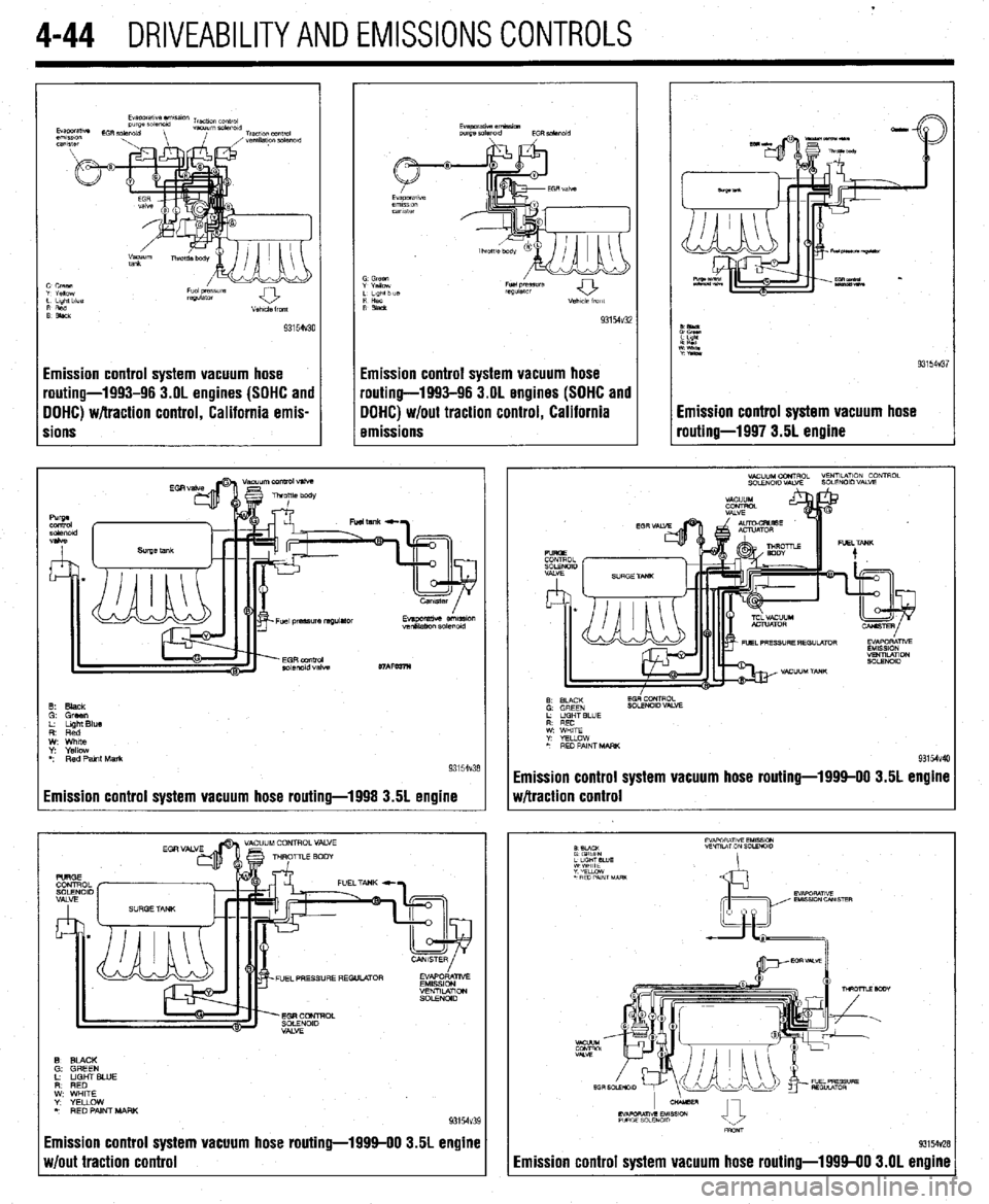 MITSUBISHI DIAMANTE 1900 Repair Manual 4-44 DRIVEABILITYAND EMISSIONS CONTROLS
Emission control system vacuum hose
pouting-1993-96 3.OL engines (SOHC and
DOHC) w/traction control, California emis-
rions Emission control system vacuum h MITSUBISHI DIAMANTE 1900 Repair Manual 4-44 DRIVEABILITYAND EMISSIONS CONTROLS
Emission control system vacuum hose
pouting-1993-96 3.OL engines (SOHC and
DOHC) w/traction control, California emis-
rions Emission control system vacuum h