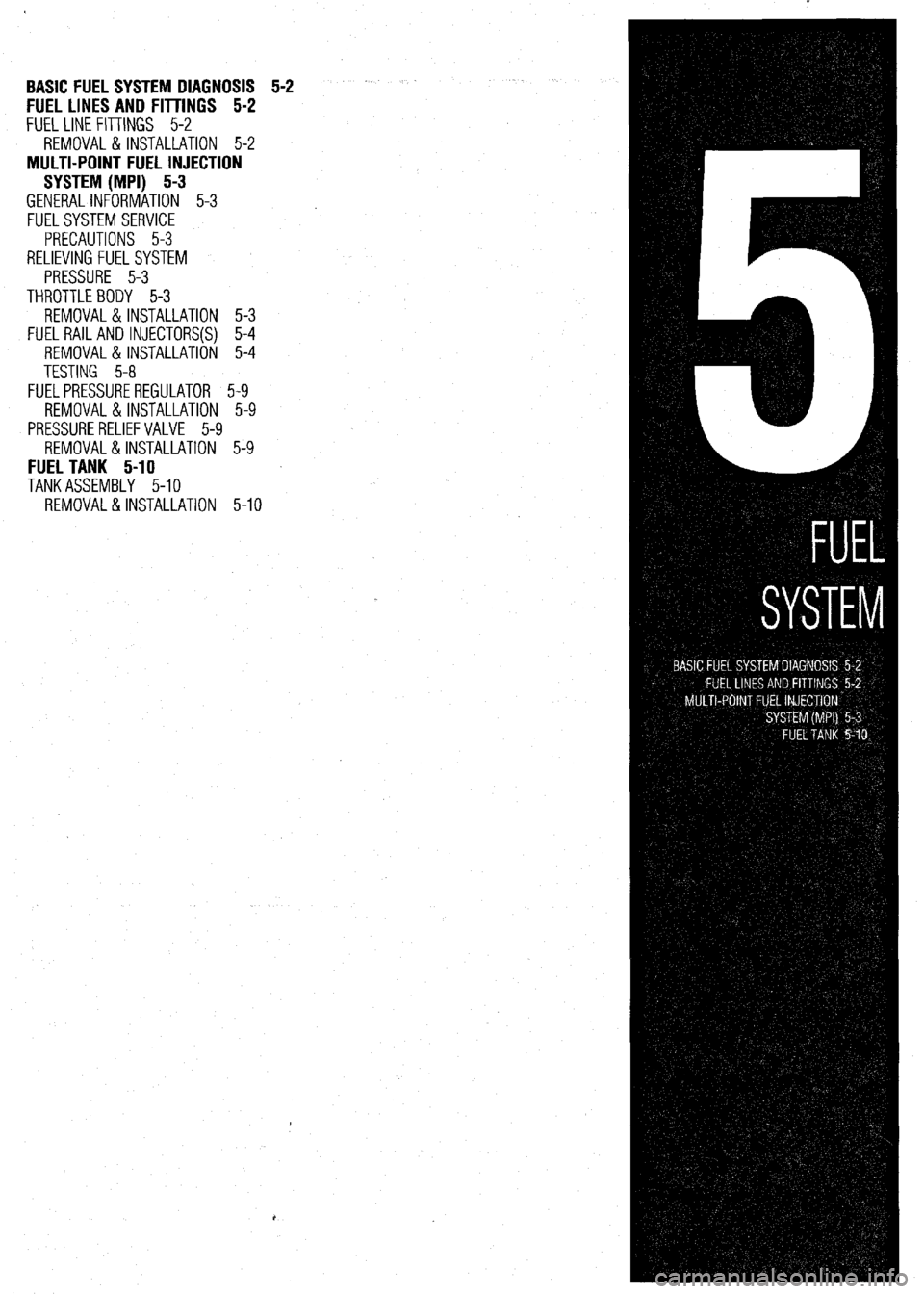MITSUBISHI DIAMANTE 1900 Repair Manual BASIC FUEL SYSTEM DIAGNOSIS 5-2
FUEL LINES AND FllllNGS 5-2
FUEL LINE FITTINGS 5-2
REMOVAL &INSTALLATION 5-2
MULTI-POINT FUEL INJECTION
SYSTEM (MPI) 5-3
GENERALINFORMATION 5-3
FUELSYSTEM SERVIC MITSUBISHI DIAMANTE 1900 Repair Manual BASIC FUEL SYSTEM DIAGNOSIS 5-2
FUEL LINES AND FllllNGS 5-2
FUEL LINE FITTINGS 5-2
REMOVAL &INSTALLATION 5-2
MULTI-POINT FUEL INJECTION
SYSTEM (MPI) 5-3
GENERALINFORMATION 5-3
FUELSYSTEM SERVIC