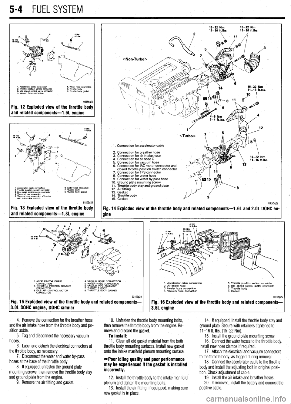 MITSUBISHI DIAMANTE 1900  Repair Manual 5-4 FUELSYSTEM 
93155422 Fig. 12 Exploded view of the throttle body 
and related components-l .5L engine 
15-Z Nm 
11-16 lt.lbs. 15-22 Nm 11-16 ft.lbr. 
1. Connectnn for accelerator cable 
2. Connecti