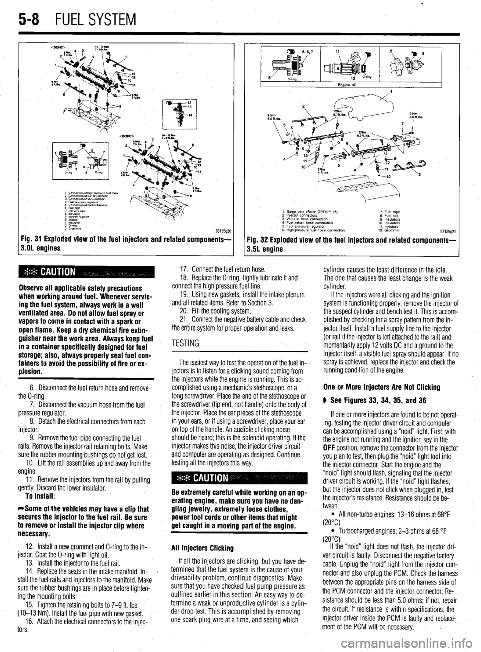 MITSUBISHI DIAMANTE 1900  Repair Manual 5-8 FUELSYSTEM 
9 ,npimr w1m.m 
1: i”“L, 
1: 82”w 
93155gx Fig. 31 Exploded view of the fuel injectors and related components- 
s.OL engines 
Observe all applicable safety precautions 
when work