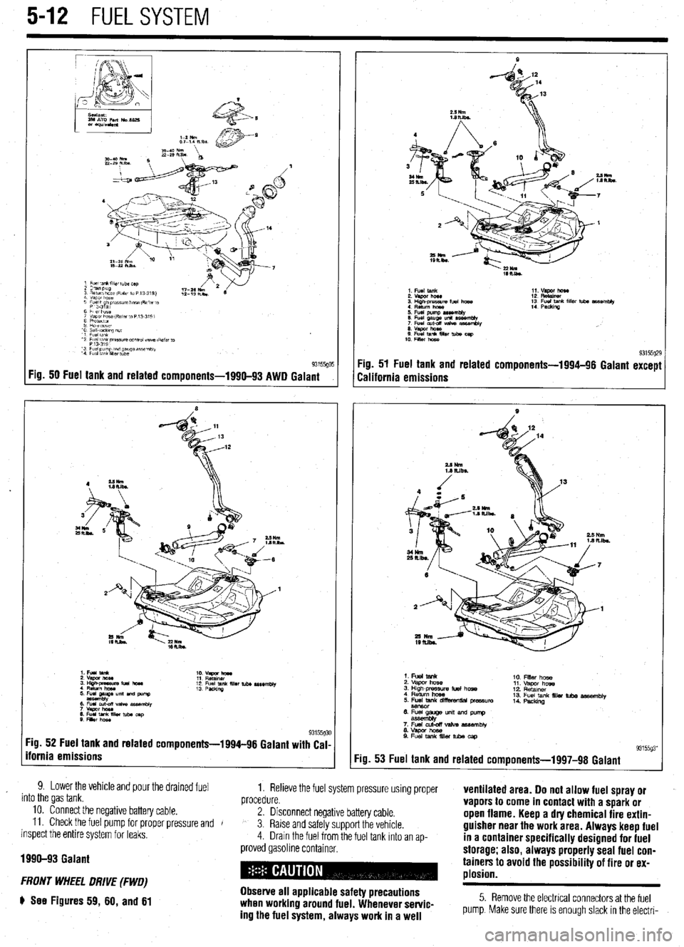 MITSUBISHI DIAMANTE 1900  Repair Manual 5-12 FUELSYSTEM 
Fig. 50 Fuel tank and related components-1990-93 AWD Galant 
:ig. 52 Fuel tank and related components-1994-96 Galant with Cal- 
fornia emissions 
9. Lower the vehicle and pour the dra