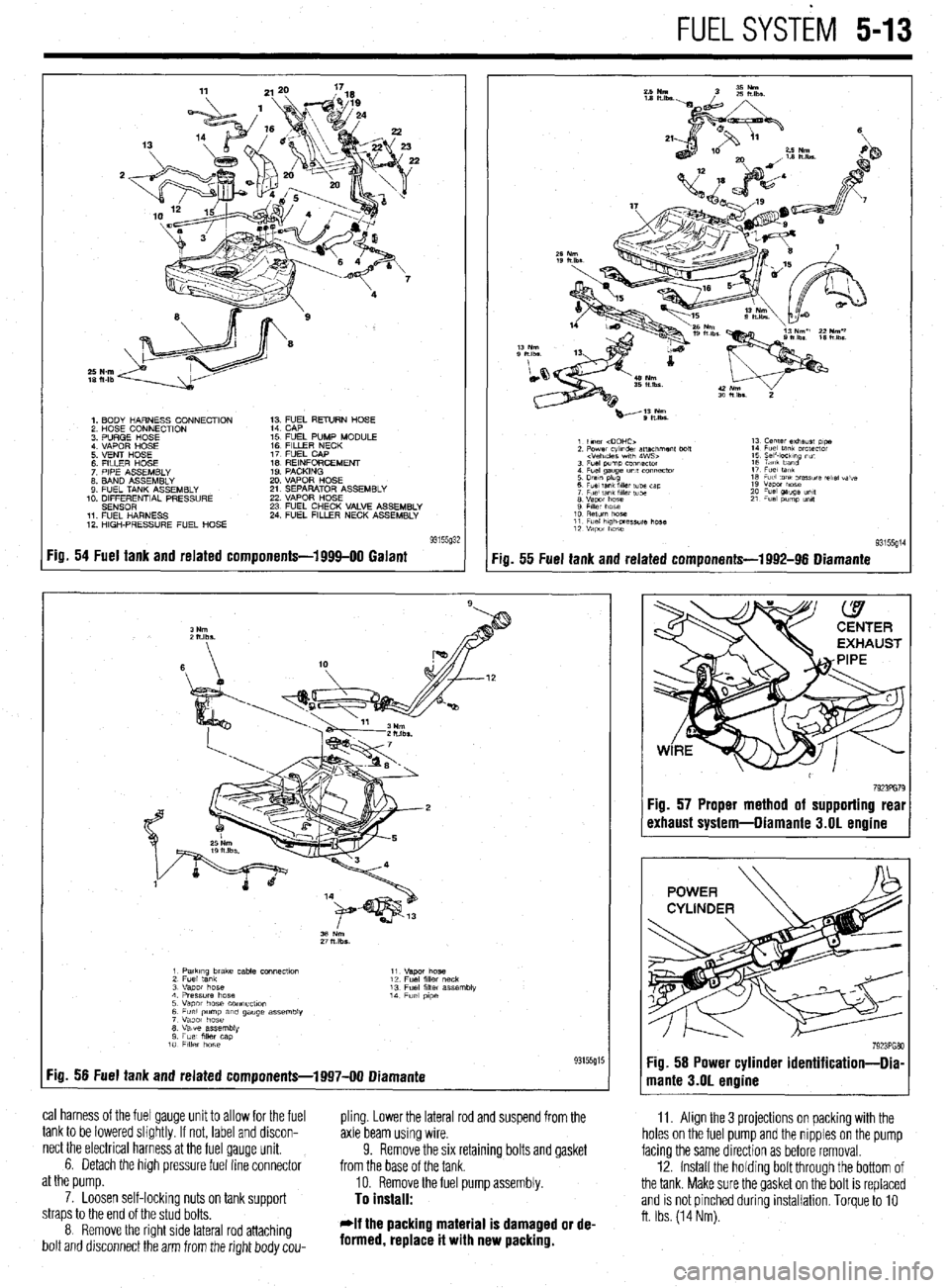 MITSUBISHI DIAMANTE 1900  Repair Manual FUELSYSTiM 5-13 
1. BODY HARNESS CONNECTION 
2 HOSE CONNECTION 
3 PURGE HOSE 
4 VAPOR HOSE 
5 VENT HOSE 
6 FllLER HOSE 
7 PIPE ASSEMBLY 
8. BAND ASSEMBLY 
9 FUEL TANK ASSEMBLY 
10. DIFFERENTIAL PRESSU