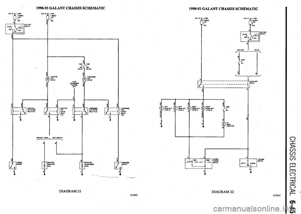 MITSUBISHI DIAMANTE 1900  Repair Manual . 1990-93 GALANT CHASSIS SCHEMATIC 
1990-93 GALANT CHASSIS SCHEMATIC HOT AT ML TIMES 
FlBlSLG 
LINK 
5 
3OA 
IGNITION 
SWITCH 
DIAGRAM 21 
-- coNoENsEn FAN 
MOTOR 
RELAY 
-- Ml) 
5 
* 
PREsslJm 
SWITC