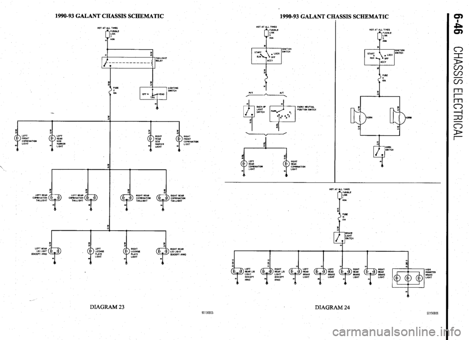 MITSUBISHI DIAMANTE 1900  Repair Manual 1990-93 GALANT CHASSIS SCHEMATIC 
1990-93 GALANT CHASSIS SCHEMATIC 
HOT AT ALL TINES 
FUSIBLE 
LINK 
I 
LOA 
FUSE 
LIGHTING 
2 
SWITCH 
IOA 
LEFT REAR 
LID LIGHT 
(EXCEPT 19901 RIGHT 
FRONT 
coMBINATl