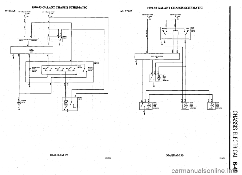 MITSUBISHI DIAMANTE 1900  Repair Manual w/ ETACS 1990-93 GALANT CHASSIS SCHEMATIC HOTINRUNORSTART 
HOT IN R(N aR START 
2 
, 
2 
I, 
d 1 
 0 
1991-9s v I999 OKLY 
2 
id 
I 
COLLWN 
SWITCH 
WASHER 
MOTOR 
1990-93 GALANT CHASSIS SCHEMATIC w/o