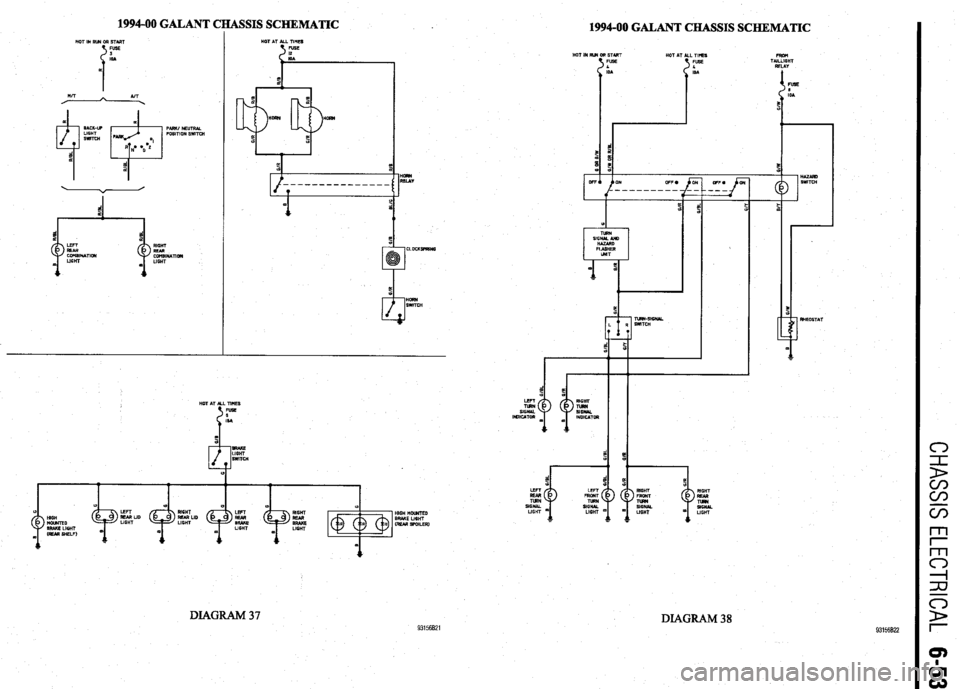 MITSUBISHI DIAMANTE 1900  Repair Manual 1994-00 GALANT CHASSIS SCHEMATIC 
PARK! NEUTRAL 
POGITION SWITCH 
RIGHT 
REAB 
cctmiN*noI( 
LIGHT 
a @ 
CLoCKGPRlNG 
HIGH HOlMTl?D 
BRWE LIGHT 
GEAR SPOILER) 
DIAGRAM 37 93156621 
1994-00 GALANT CHASS
