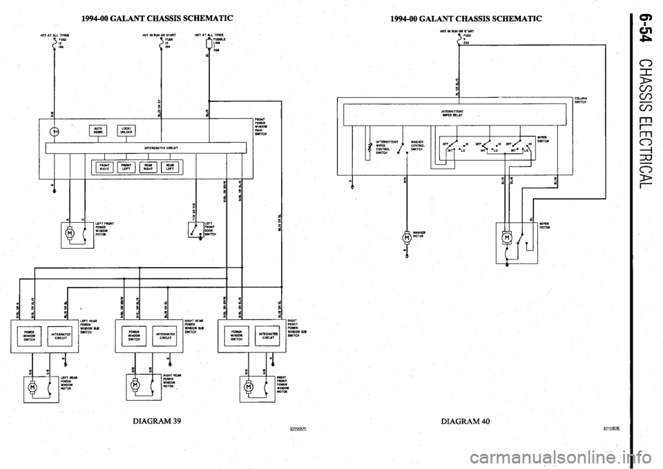 MITSUBISHI DIAMANTE 1900  Repair Manual 1994-00 GALANT CHASSIS SCHEMATIC 
LEFTREAR 
FQWER WINDOW 
ilOlOR RIGHT REAR 
POWER 
WINDOW SW 
SWITCH RIGHT 
FRONT 
POWER 
WINDOW SUG 
SWITCH 
RIGHT 
FRONT 
FOWER 
WINDOW 
MOTOR 
DIAGRAM 39 93156825 
