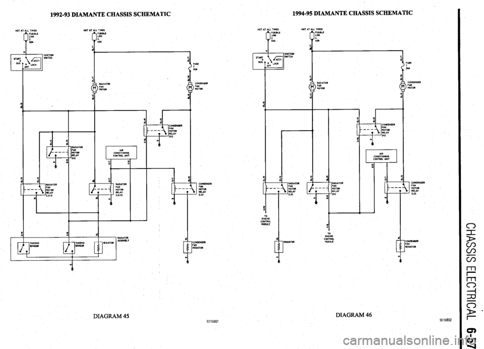 MITSUBISHI DIAMANTE 1900  Repair Manual 1992-93 DIAMANTE CHASSIS SCHEMATIC 1994-95 DIAMANTE CHASSIS SCHEMATIC 
TINES 
FIBUJLE 
LINK 
toA HOT AT ALL TIHES 
IGNITION 
SWITCN  HOT AT ALL TIMES HOT AT 
FUSIBLE 
LINK 
s 
JOA 
i t 
L 
IL 
IPNITIO