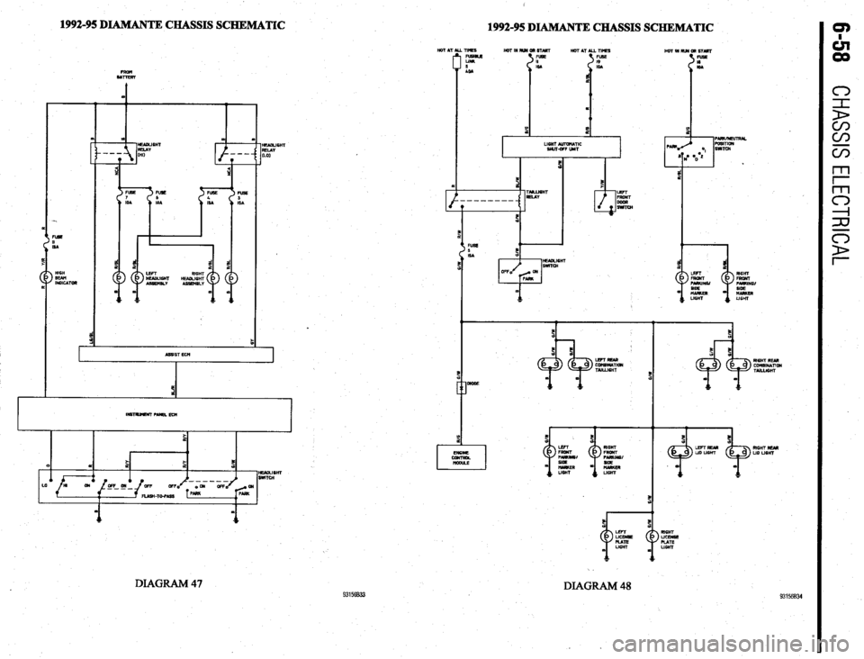 MITSUBISHI DIAMANTE 1900  Repair Manual 1992-95 DIAMANTE CHASSIS SCHEMATIC 
HOT AT 
I 
I 
HEBUCHT 
NEIAY 
(LO1 
1992-95 DIAMANT E CHASSIS SCHEMATIC 
DIAGRAM 47 93156633 DIAGRAM 48 
RIGHT 
FRONT 
l’UI(INGl 
SIOE 
MAmEN 
LISHT 
al6liT REAR 
