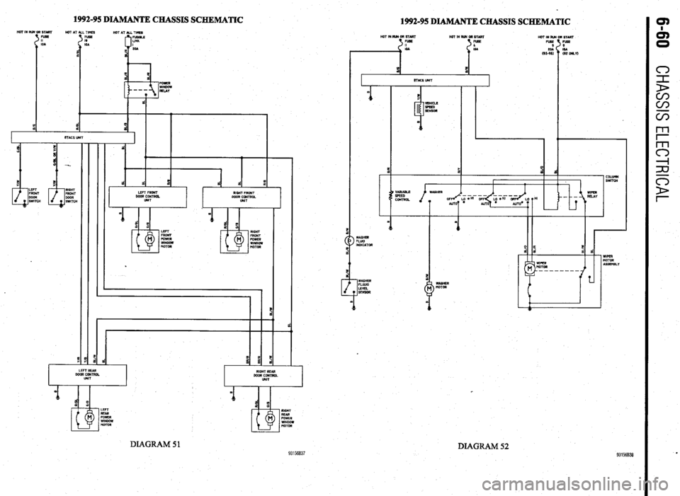 MITSUBISHI DIAMANTE 1900  Repair Manual 1992-95 DIAMANTE 
CHASSIS SCHEMATIC 
1 START HOT AT ALL TIMES 
ROT AT ALL TIMES 
FuEe 
II 
I9 
IDA 
IOA 
f -  -I 
E 
.L 
I LEFT REAR 
DDOR coNTRDL 
UylT 
I 
DIAGRAM 51 
1992-95 DIAMANT 
E CHASSIS SCHE