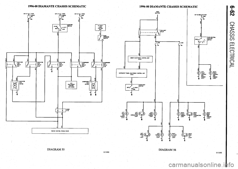 MITSUBISHI DIAMANTE 1900  Repair Manual I 
1996-00 DIAMANTE CHASSIS SCHEMATIC 
1996-00 DIAMANTE CHASSIS SCHEMATIC 
TIMES 
‘FUSE 
LA  .L TIMES 
I FUSIBLE 
LINK 
6 
Lo1 HOT AT ALL TIMES HOT b 
TAILLIGHT 
RELAY HOT IN RlM OR START 
FUSE 
I 
