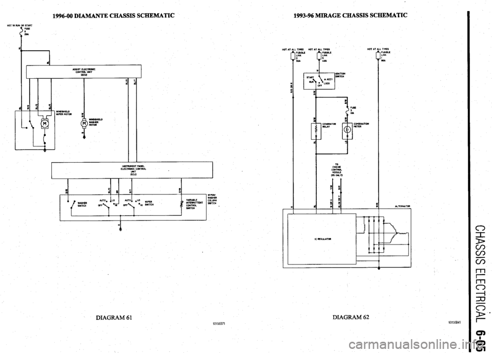 MITSUBISHI DIAMANTE 1900  Repair Manual 1996-00 DIAMANT E CHASSIS SCHEMATIC 1993-96 MIRAGE CHASSIS SCHEMATIC 
ASSIST ELECTRONIC 
CONTROL WIT 
omJl 
WINDEHIELO 
WIRER MOTolr 
: 
INsTRunENT FANEL 
ELECTRONIC CONlROL 
UNIT 
(ECU) 
I I 
h t 
- 