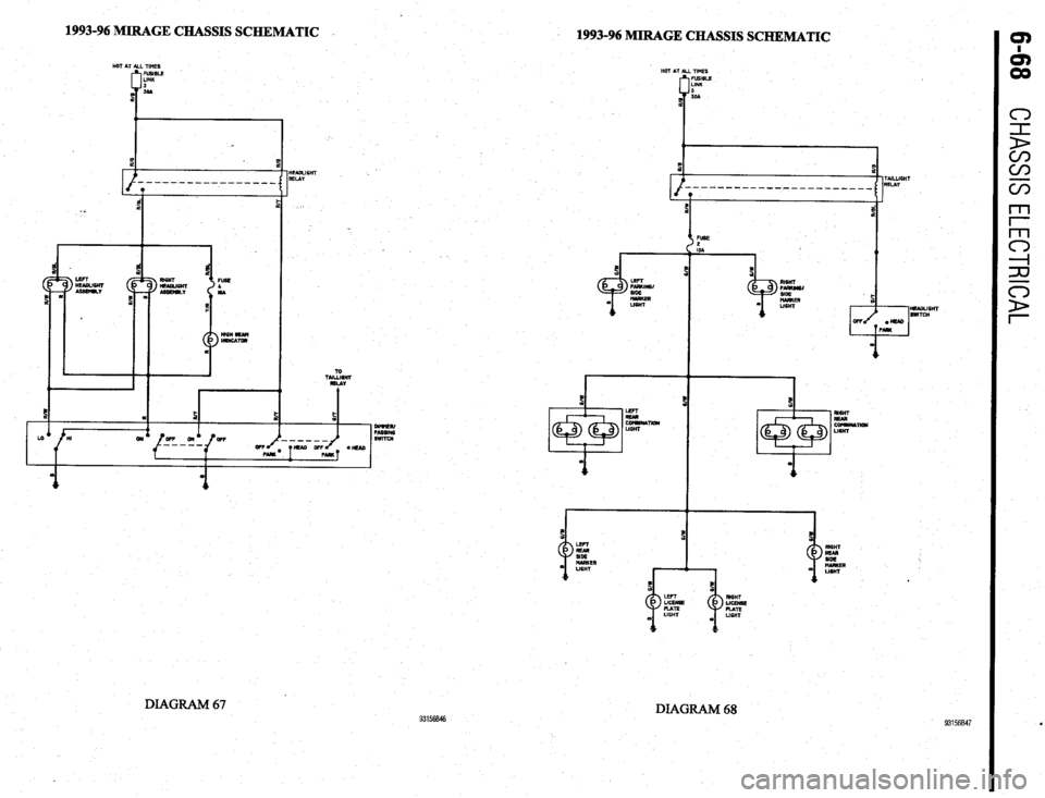 MITSUBISHI DIAMANTE 1900  Repair Manual 1993-96 MIRAGE CHASSIS SCHEMATIC 
1993-96 MIRAGE CHASSIS SCHEMATIC 
HOT AT ALL nm3 
i-7 FUSIBLE 
LINK HOT &T IIMES 
lmsLE 
INK 
OA ALL’ 
: 
3 
E 3 
F  i 
, -. 
c 
5 
I 
I 
L 
C 4 TAILUGHT 
RELAY 
--