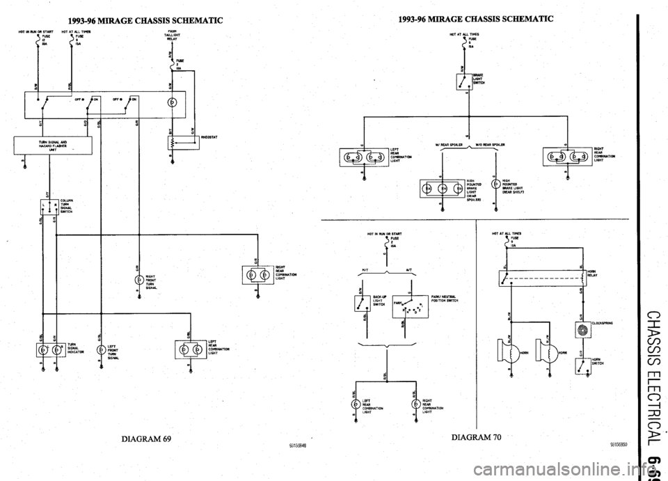 MITSUBISHI DIAMANTE 1900  Repair Manual 1993-96 MIRAGE CHASSIS SCHEMATIC 1993-96 MIRAGE CHASSIS SCHEMATIC 
TURN SIGNAL AND 
HAZARD FIASHER 
WIT - 
COLIJNN 
TWN 
SIGNAL 
SWITCH OFF. 0 
c 
LEFT 
REAR 
CDMSINA 
LIGHT 
HIGH 
NOWTED 
BRAKE LIGHT