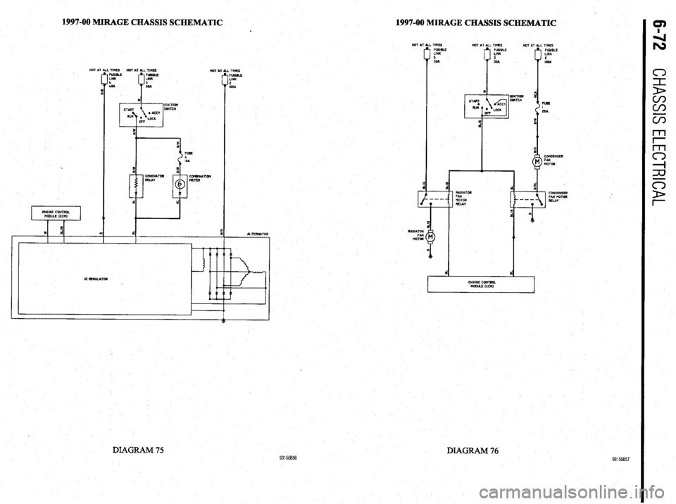 MITSUBISHI DIAMANTE 1900  Repair Manual 1997-00 MIRAGE CHASSIS SCHEMATIC 1997-00 MIRAGE CHASSIS SCHEMATIC 
HOT Ar L TIMES 
NOT AT ALL TIMES 
HOT A-r 
IC REGuLAToR L TIMES 
FUSISLE 
LINK 
2 
IQOA 
ALTEl?t&ATOR c;T ALl 
0 . TIMES Ml’ AT ALL