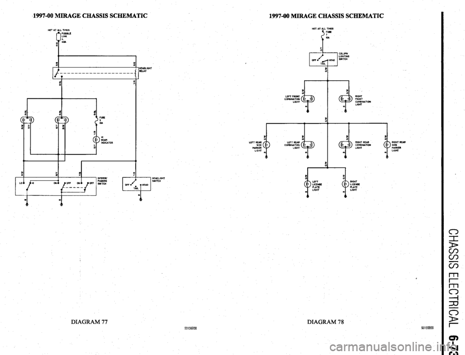 MITSUBISHI DIAMANTE 1900  Repair Manual ,1997-00 MIRAGE CHASSIS SCHEMATIC 
1997-00 MIRAGE CHASSIS SCHEMATIC 
HOT AT AU TIMES 
DIAGRAM 77 
IJFr REAR 
WOE 
MAKKER 
LIGHT HOT AT ALL Tll’iES 
OR. HEAG 
PI 
TAlL 
5 
RIGHT 
FRONT 
COllSINATlO)I