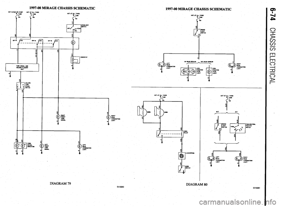 MITSUBISHI DIAMANTE 1900  Repair Manual 1997-00 MIRAGE CHASSIS SCHEMATIC 
1997-00 MIRAGE CHASSIS SCIfEWTIC 
$ 
RIGHT 
FRONT RIGHT 
EL IE&4ATllm 
UGHT 
)ET 
TmN 
SIGNAL 
RIGHT 
ZiilNAT,ON 
LIGHT 
HOT AT AU TMES 
34 FUSE 
RIGHT 
REAR 
CONEINA