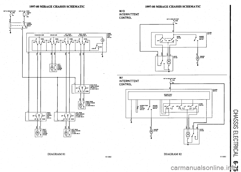 MITSUBISHI DIAMANTE 1900  Repair Manual 1997-00 MIRAGE CHASSIS SCHEMATIC HOT IN RR4 OR STMT 
HOT AT ALL TIMES 
FUSIBLE 
LINK 
6 
SOA 1997-00 MIRAGE CHASSIS SCHEMATIC 
1 POWER 
WINDOW 
tiAlN 
SWITCH 
w/o INTERMITTENT 
CONTROL 
HOT IN RUN OR 