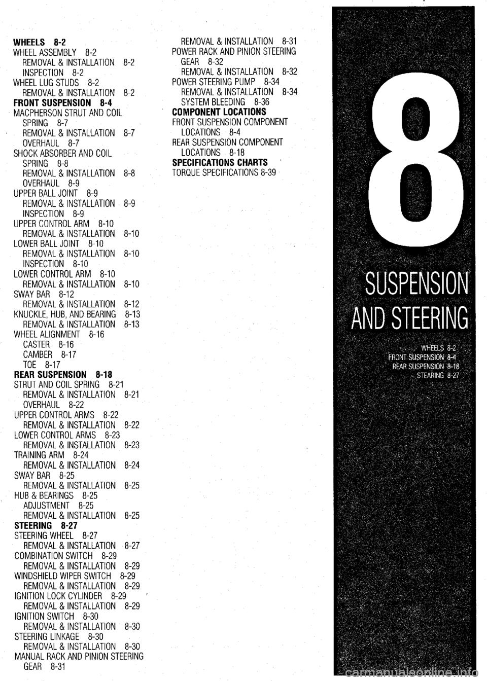 MITSUBISHI DIAMANTE 1900  Repair Manual WHEELS 8-2 
WHEEL ASSEMBLY 8-2 
REMOVAL & INSTALLATION 8-2 
INSPECTION 8-2 
WHEELLUG STUDS 8-2 
REMOVAL & INSTALLATION 8-2 
FRONT SUSPENSION 8-4 
MACPHERSONSTRUTAND COIL 
SPRING 8-7 
REMOVAL & INSTALL