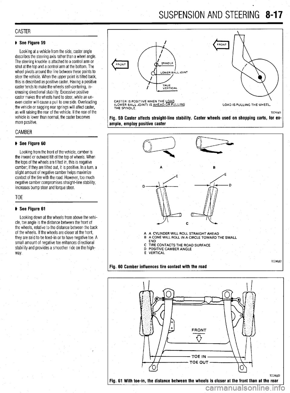 MITSUBISHI DIAMANTE 1900 Repair Manual SUSPENSION AND STEERING 8-17
CASTER
) See Figure 59
Looking at a vehicle from the side, caster angle
describes the steering axis rather than a wheel angle.
The steering knuckle is attached to a c MITSUBISHI DIAMANTE 1900 Repair Manual SUSPENSION AND STEERING 8-17
CASTER
) See Figure 59
Looking at a vehicle from the side, caster angle
describes the steering axis rather than a wheel angle.
The steering knuckle is attached to a c