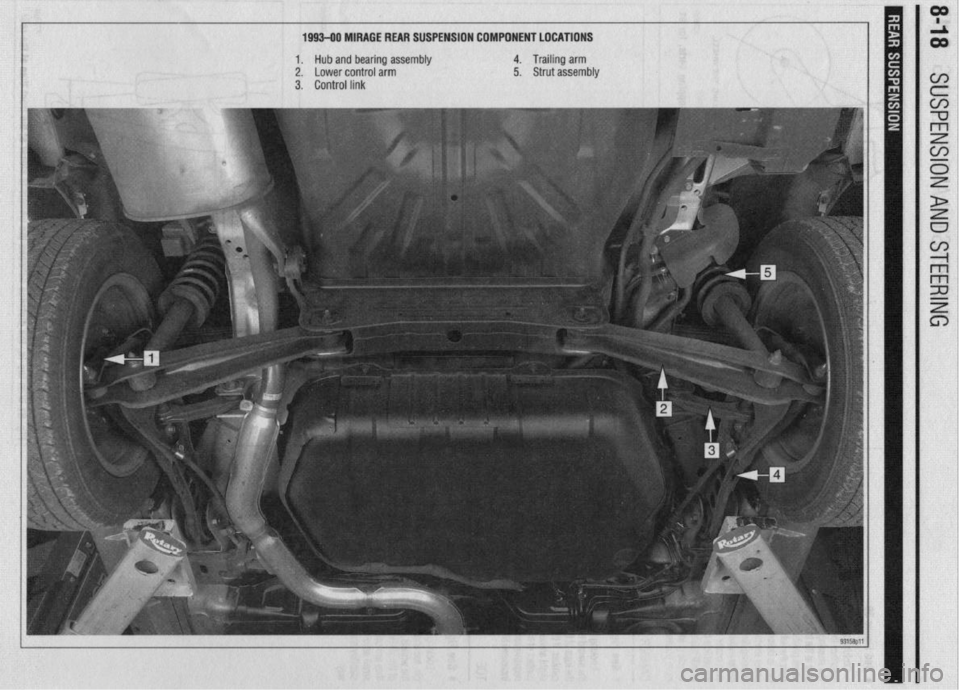 MITSUBISHI DIAMANTE 1900 Repair Manual 1993-90 MIRAGE REAR SUSPENSION COMPONENT LOCATIONS
1.
Hub and bearing assembly 4. Trailing arm
2. Lower control arm 5. Strut assembly
3. Control link MITSUBISHI DIAMANTE 1900 Repair Manual 1993-90 MIRAGE REAR SUSPENSION COMPONENT LOCATIONS
1.
Hub and bearing assembly 4. Trailing arm
2. Lower control arm 5. Strut assembly
3. Control link