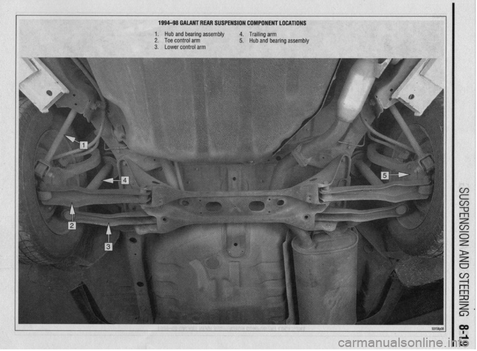 MITSUBISHI DIAMANTE 1900 Repair Manual 1994-98 GALANT REAR SUSPENSION COMPONENT LOCATIONS
1. Hub and bearing assembly 4. Trailing arm
2. Toe control arm 5. Hub and bearina assemblv
II
3. Lower control arm MITSUBISHI DIAMANTE 1900 Repair Manual 1994-98 GALANT REAR SUSPENSION COMPONENT LOCATIONS
1. Hub and bearing assembly 4. Trailing arm
2. Toe control arm 5. Hub and bearina assemblv
II
3. Lower control arm