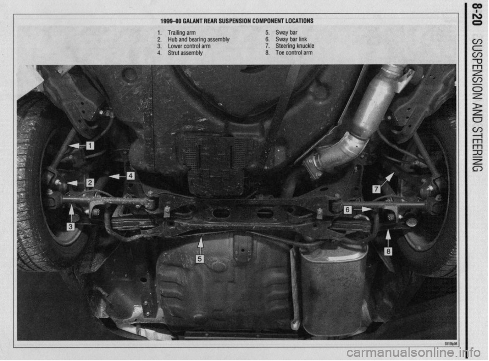 MITSUBISHI DIAMANTE 1900 Repair Manual 199940 GALANT REAR SUSPENSION COMPONENT LOCATIONS
1. Trailing arm
5.
Sway bar
2.
Hub and bearing assembly 6. Sway bar link
3. Lower control arm
7.
Steering knuckle
4. Strut assembly
8.
Toe MITSUBISHI DIAMANTE 1900 Repair Manual 199940 GALANT REAR SUSPENSION COMPONENT LOCATIONS
1. Trailing arm
5.
Sway bar
2.
Hub and bearing assembly 6. Sway bar link
3. Lower control arm
7.
Steering knuckle
4. Strut assembly
8.
Toe