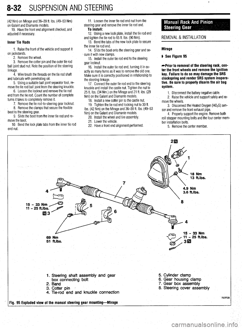 MITSUBISHI DIAMANTE 1900 Repair Manual .
8132 SUSPENSION AND STEERING
(42 Nm) on Mirage and 36-39 ft. tbs. (49-53 Nm)
on Galant and Diamante models.
19. Have the front end alignment checked, and
adjusted if necessary.
Inner Tie Rods MITSUBISHI DIAMANTE 1900 Repair Manual .
8132 SUSPENSION AND STEERING
(42 Nm) on Mirage and 36-39 ft. tbs. (49-53 Nm)
on Galant and Diamante models.
19. Have the front end alignment checked, and
adjusted if necessary.
Inner Tie Rods