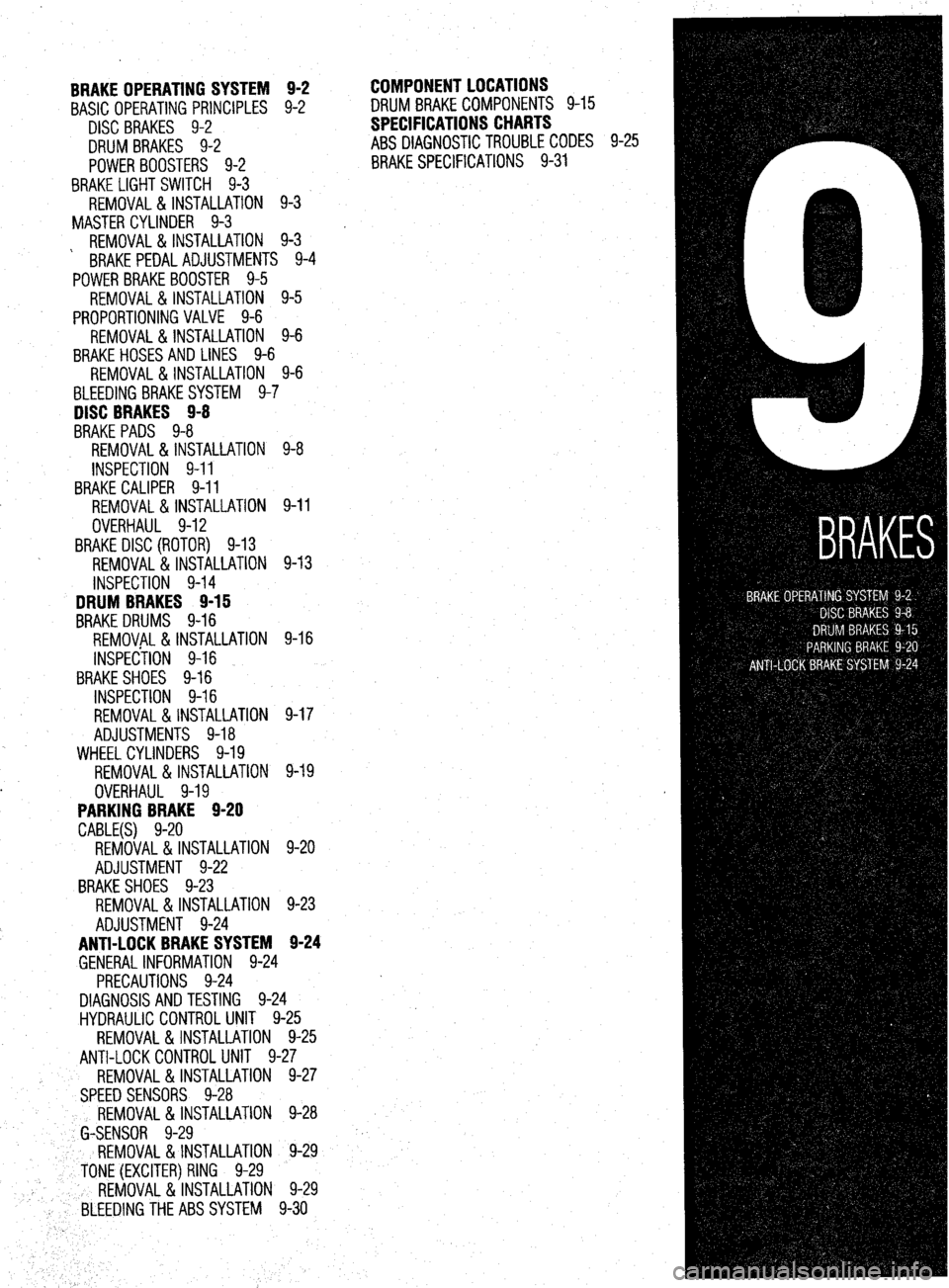 MITSUBISHI DIAMANTE 1900 Repair Manual BRAKE OPERATING SYSTEM 9-2
BASIC OPERATING PRINCIPLES 9-2
DISC BRAKES 9-2
DRUM BRAKES 9-2
POWERBOOSTERS 9-2
BRAKE LIGHT SWITCH 9-3
REMOVAL&INSTALLATION 9-3
MASTER CYLINDER 9-3
REMOVAL&INSTALLA MITSUBISHI DIAMANTE 1900 Repair Manual BRAKE OPERATING SYSTEM 9-2
BASIC OPERATING PRINCIPLES 9-2
DISC BRAKES 9-2
DRUM BRAKES 9-2
POWERBOOSTERS 9-2
BRAKE LIGHT SWITCH 9-3
REMOVAL&INSTALLATION 9-3
MASTER CYLINDER 9-3
REMOVAL&INSTALLA