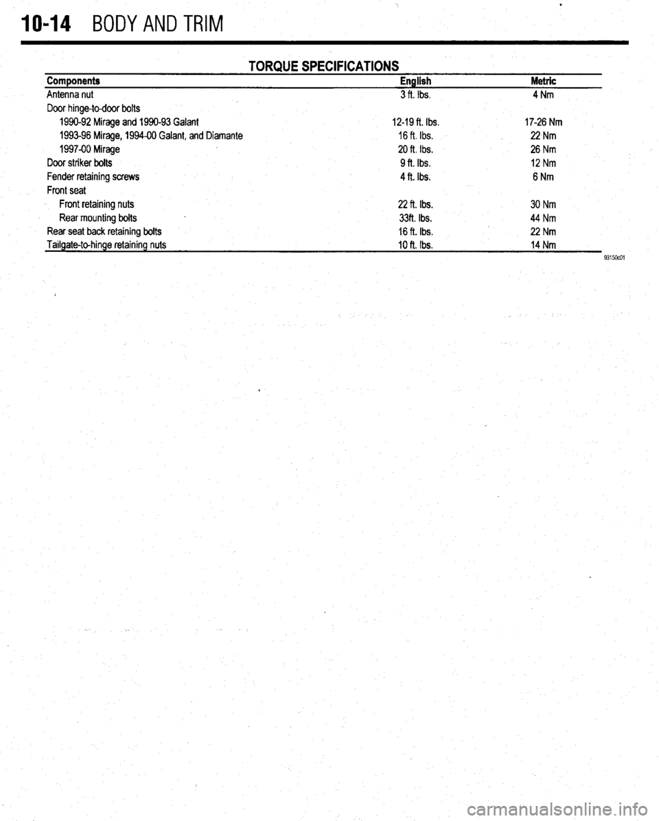 MITSUBISHI DIAMANTE 1900 Repair Manual .
IO-14 BODYANDTRIM
TORQUE SPECIFICATIONS Components English Metric
Antenna nut 3 ft. Ibs. 4Nm
Door hinge-to-door bolts
1990-92 Mirage and 1990-93 Galant 12-19 ft. Ibs. 17-26 Nm
1993-96 Mirage, MITSUBISHI DIAMANTE 1900 Repair Manual .
IO-14 BODYANDTRIM
TORQUE SPECIFICATIONS Components English Metric
Antenna nut 3 ft. Ibs. 4Nm
Door hinge-to-door bolts
1990-92 Mirage and 1990-93 Galant 12-19 ft. Ibs. 17-26 Nm
1993-96 Mirage,