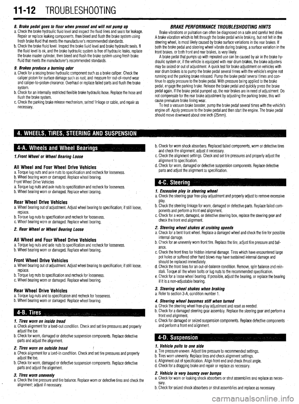MITSUBISHI DIAMANTE 1900 Repair Manual IJront Wheel or Wheel Bearing Loose
All Wheel and Four Wheel Drive Vehicles a. Torque lug nuts and axle nuts to specification and recheck for looseness.
b. Wheel bearing worn or damaged. Replace whe MITSUBISHI DIAMANTE 1900 Repair Manual IJront Wheel or Wheel Bearing Loose
All Wheel and Four Wheel Drive Vehicles a. Torque lug nuts and axle nuts to specification and recheck for looseness.
b. Wheel bearing worn or damaged. Replace whe