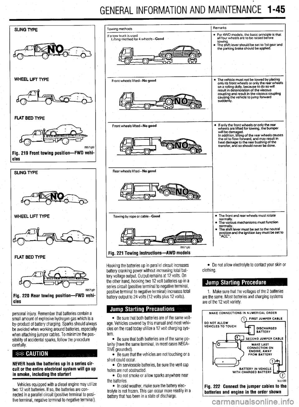 MITSUBISHI DIAMANTE 1900 Service Manual GENERALINFORMATIONAND MAINTENANCE 1-45
SLING TYPE
WHEEL LIFT TYPE
cles
SUNG TYPE
WHEEL LIFT TYPE
FLAT BED TYPE
Fig. 220 Rear towing position-FWD vehi
cles
personal injury. Remember that batte MITSUBISHI DIAMANTE 1900 Service Manual GENERALINFORMATIONAND MAINTENANCE 1-45
SLING TYPE
WHEEL LIFT TYPE
cles
SUNG TYPE
WHEEL LIFT TYPE
FLAT BED TYPE
Fig. 220 Rear towing position-FWD vehi
cles
personal injury. Remember that batte