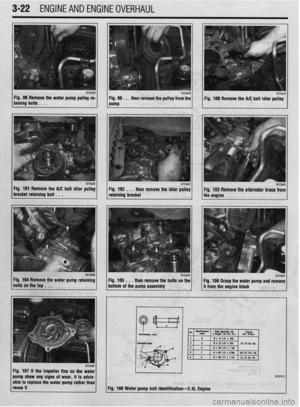 MITSUBISHI DIAMANTE 1900 Manual Online 3-22 ENGINEANDENGINEOVERHAUL
Fig. 98 Remove the wafer pump pulley re-
taining bolts ~ . .
Fig 101 Remove the A/C beit idler pulley
braEketretainingboit..., g3’a/ 93153p30 Fig. 99 . . . then re MITSUBISHI DIAMANTE 1900 Manual Online 3-22 ENGINEANDENGINEOVERHAUL
Fig. 98 Remove the wafer pump pulley re-
taining bolts ~ . .
Fig 101 Remove the A/C beit idler pulley
braEketretainingboit..., g3’a/ 93153p30 Fig. 99 . . . then re