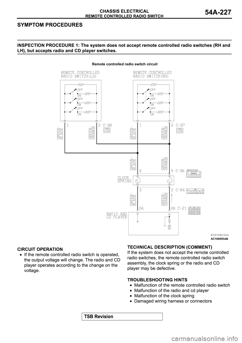 MITSUBISHI ECLIPSE 2003  Service Repair Manual AC106895
Remote controlled radio switch circuit
AB 