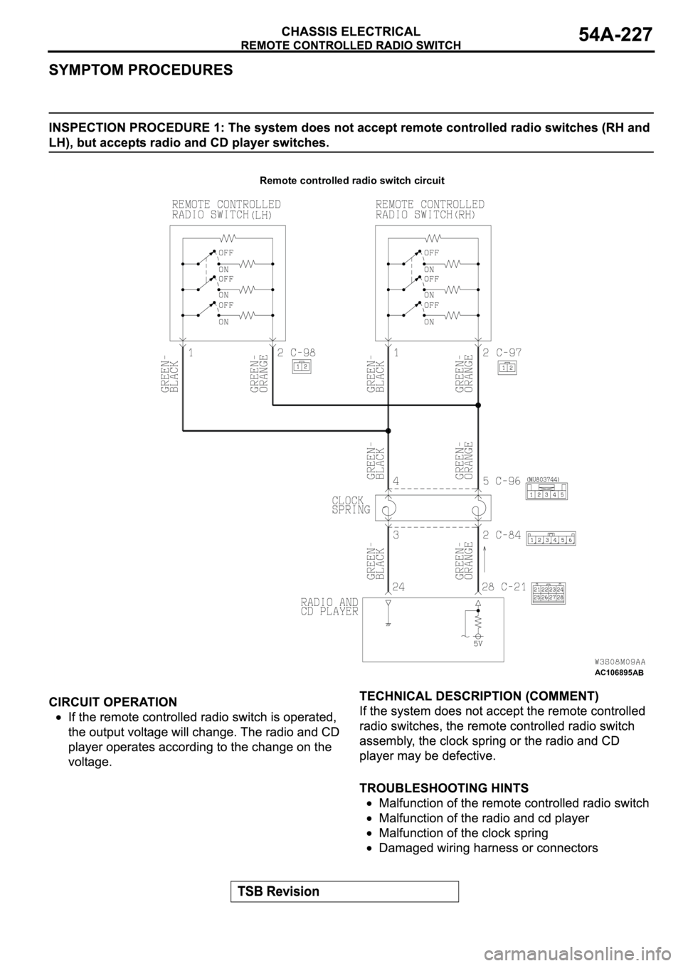 MITSUBISHI ECLIPSE 2003 Service Repair Manual AC106895
Remote controlled radio switch circuit
AB MITSUBISHI ECLIPSE 2003 Service Repair Manual AC106895
Remote controlled radio switch circuit
AB