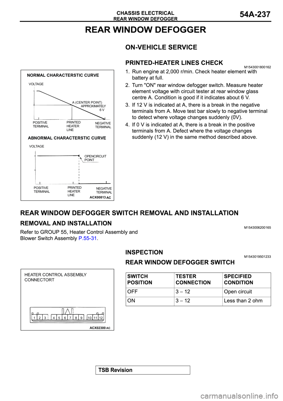 MITSUBISHI ECLIPSE 2003  Service Repair Manual ACX00813
NORMAL CHARACTERSTIC CURVE
ABNORMAL CHARACTERSTIC CURVE
VOLTAGEA (CENTER POINT)
APPROXIMATELY
                         6 V
NEGATIVE
TERMINAL PRINTED 
HEATER
LINE POSITIVE
TERMINAL
NEGATIVE
TE