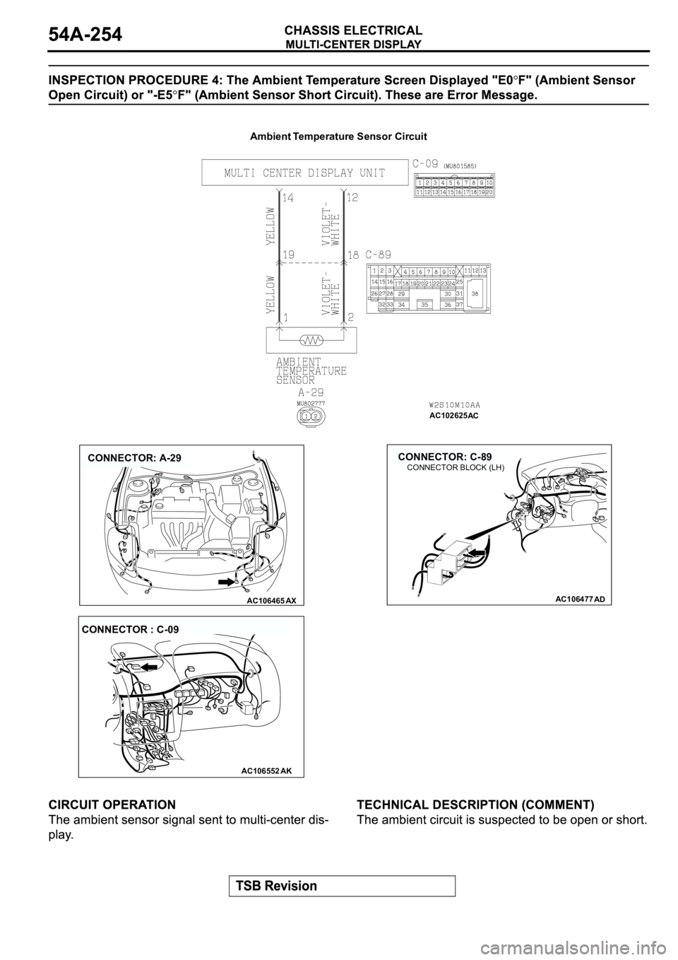 MITSUBISHI ECLIPSE 2003 Service Repair Manual AC102625
AC
Ambient Temperature Sensor Circuit
AC106465
CONNECTOR: A-29
AX
AC106552AK
CONNECTOR : C-09
AC106477
CONNECTOR: C-89
AD
CONNECTOR BLOCK (LH) MITSUBISHI ECLIPSE 2003 Service Repair Manual AC102625
AC
Ambient Temperature Sensor Circuit
AC106465
CONNECTOR: A-29
AX
AC106552AK
CONNECTOR : C-09
AC106477
CONNECTOR: C-89
AD
CONNECTOR BLOCK (LH)